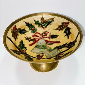 Brass and Enamel Cloisonné  Christmas Bells Decorative Footed Bowl
